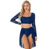 Women Lyrical Dance Costume Lace Sleeves Crop Top Chiffon Flowy Skirted Leotard Two Piece Outfit