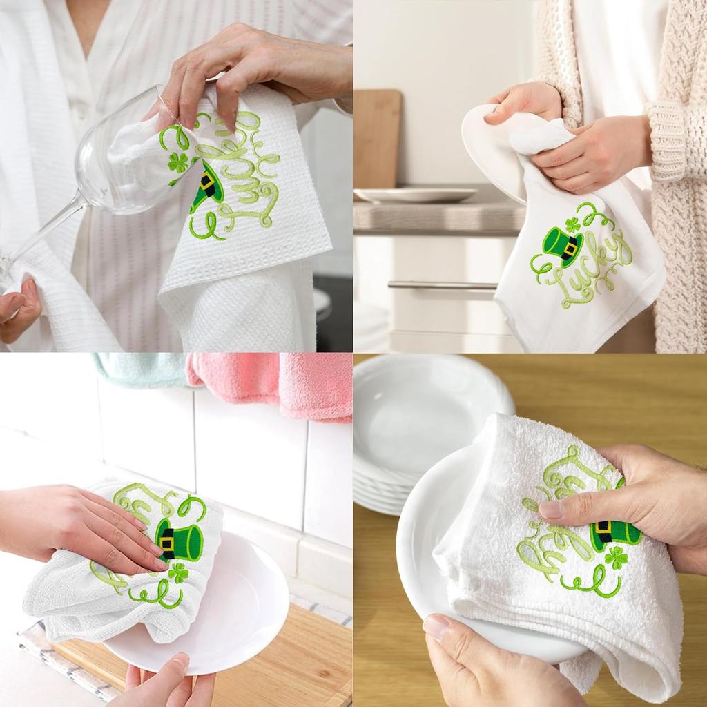 Hexagram St Patricks Day Hand Towels for Bathroom Set of 2, St Patricks Day Bathroom Decor Embroidered Lucky Green Hat Shamrock Pattern, Soft Luxury