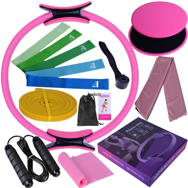 Fünfzehnteiliges Fitness-Set: Latex-Widerstandsbänder, Kühlhandtuch, Gleitscheiben, 3m Springseil, Pilates-Ring.