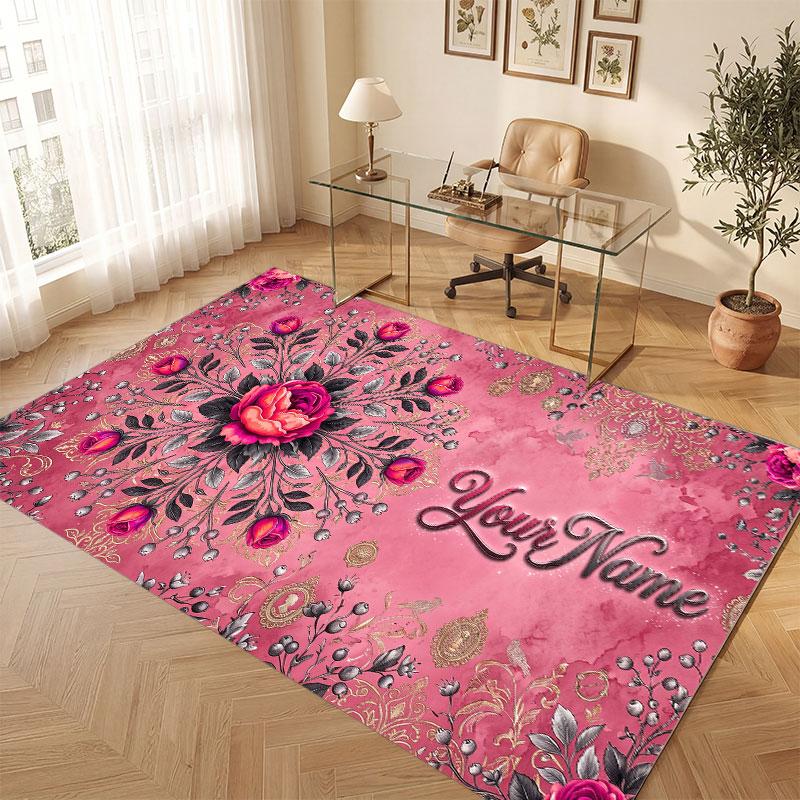 Floral Garden Theme Crystal Velvet Floor Rug Personalized Custom Name Text Warm Carpet Home Decoration
