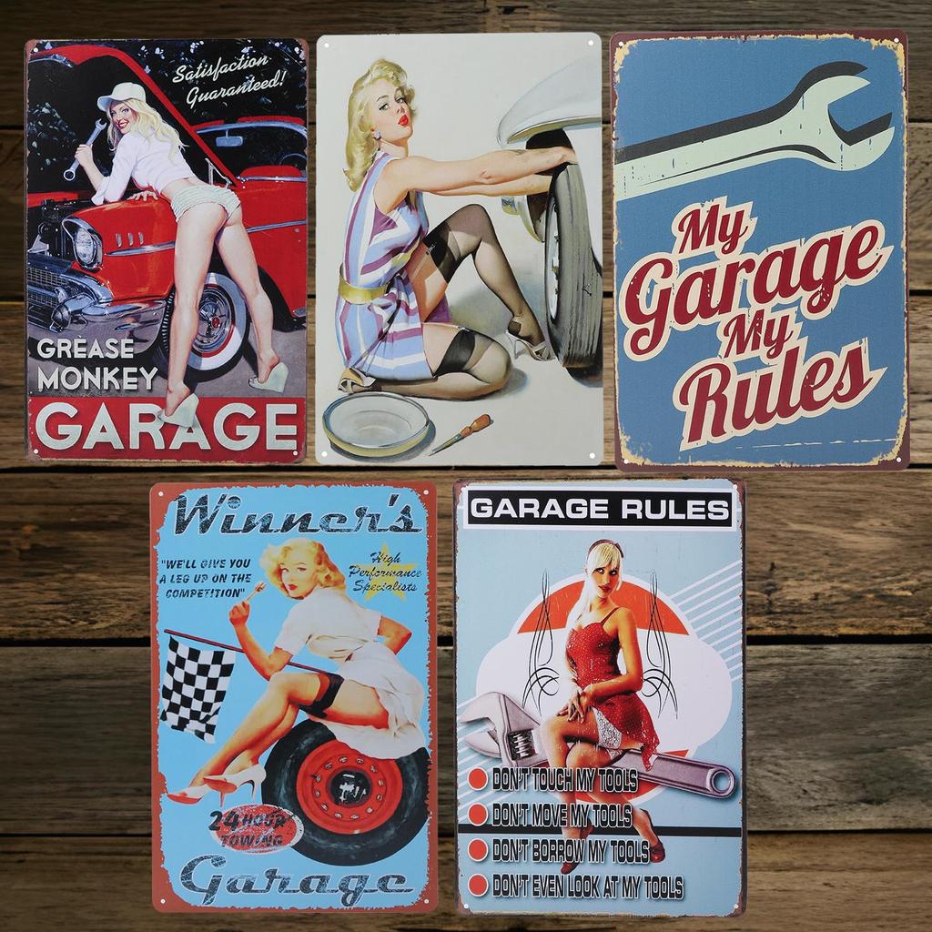 Pureseek Tin Sign Tin Wall Interior Antique 5 Tin Sign Plate Set, Sign, Hanging, Plate, Poster, Women, Pieces,