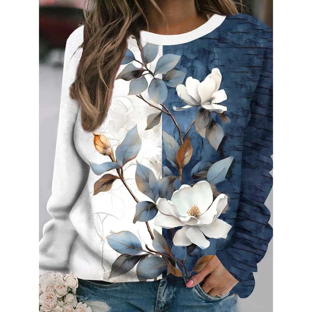 Fashion Versatile Flower Print Women's Top Long Sleeve Casual Loose T-Shirts Women’s Pullovers Long Sleeves Women’s