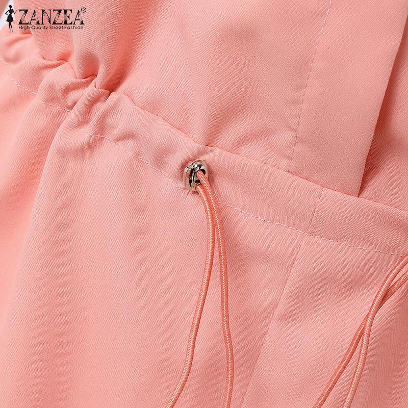 ZANZEA Women Summer Turn Down Collar Short Sleeve Drawstring Jumpsuits Overalls