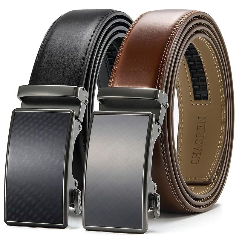 

[CHAOREN] belt men s Set of 2 business - big size auto lock type No hole leather Stepless adjustment suit gentleman 35mm width With gift box