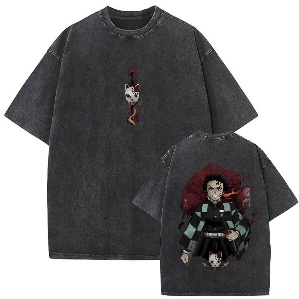 Washed Vintage Anime Demon Slayer Kokushibo & Tsugikuni Yoriichi Graphic T-shirts Men Women Cartoon Oversized T Shirts