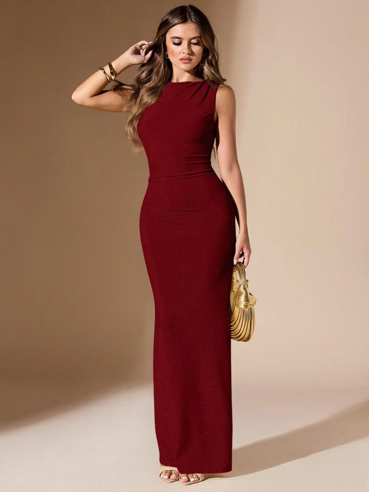 2026 Women s Sleeveless Slim-Fit Pleated Elegant Long Dress S вино красного