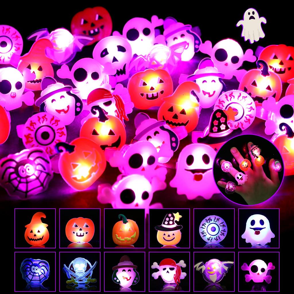 LIHAO Halloween Rings 12 Randomly Perfect for and Sparkling and Shining Perfect As a Gift for Both Adults and Light-Up (50 Pieces) - Designs,