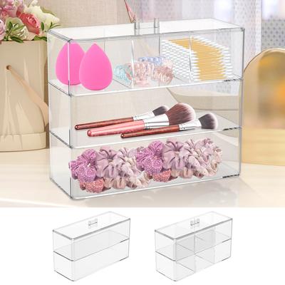 4Pcs Transparent Plastic Organizer Box Stackable Hair Accessories Beauty Blender Makeup Brush Cotton Swab Storage Box with Lid
