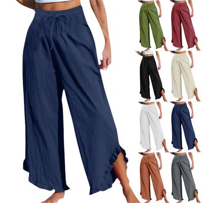 Linen Wide Leg Palazzo Pants for Women 2025 Summer Ruffle Hem Smocked Elastic Waist Flowy Pants Beach Lounge Trousers