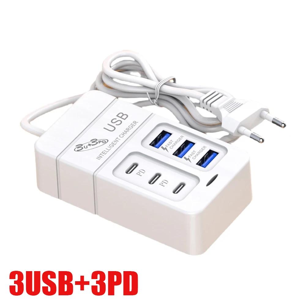 35W Multiport USB Charger PD Type C Fast Charging EU US Plug Wall Charger USB Hub Adapter 6 Ports USB Quick Mobile Phone Charger