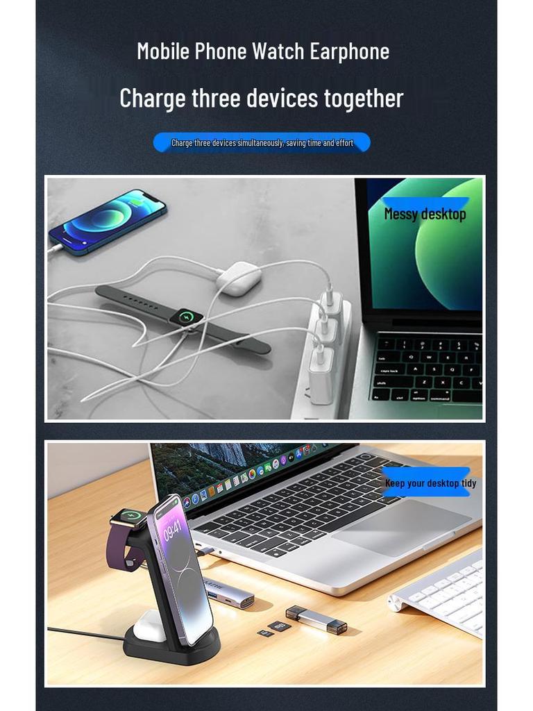 3-in-1 Wireless Charger Stand for iPhone, Apple Watch, and Earbuds