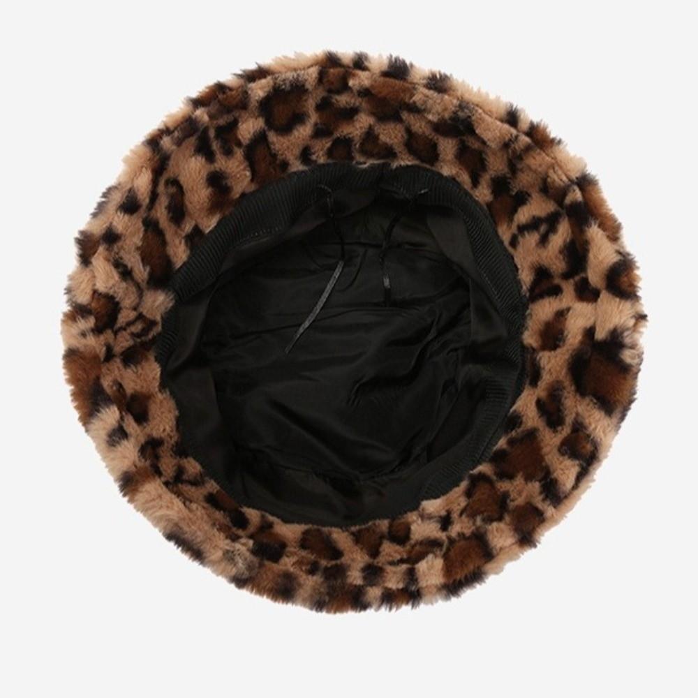 Korean Style Women Plush Bucket Hat Thicken Winter Warm Hat Leopard Print Bucket Hat for Girls