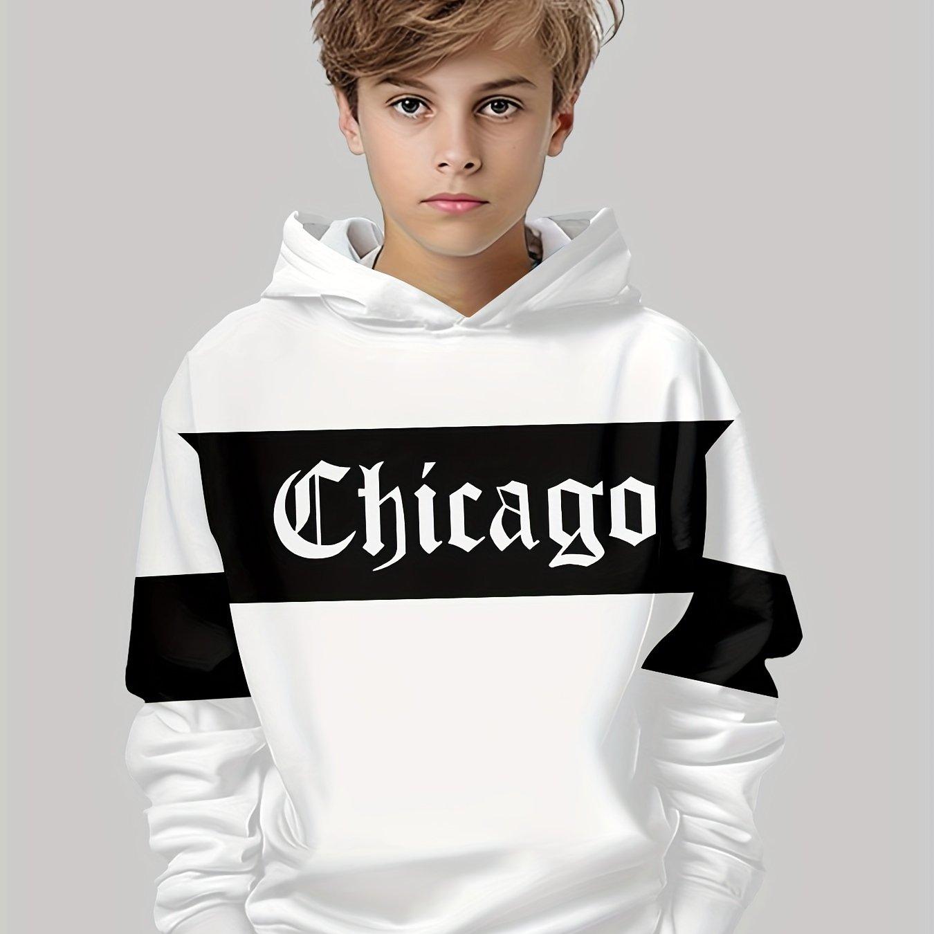 

Boys casual hoodie, 3D letter print - comfortable polyester blend, long sleeved pullover, autumn and winter white theme, English letters 13-14Y