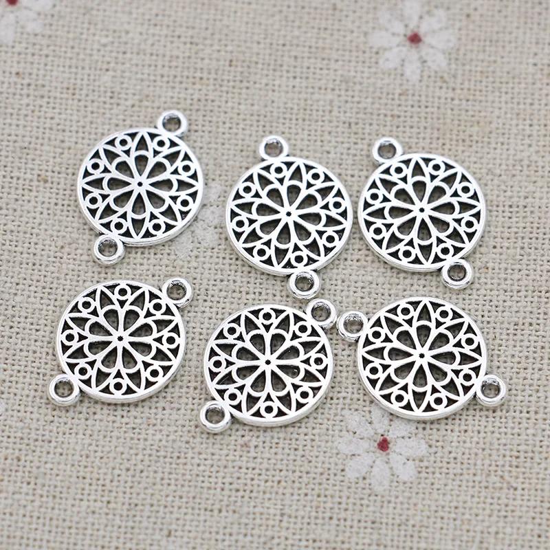 10Pcs Antique Silver Plated Round Flower Charm Connectors For Jewelry Making Bracelet Accessories Diy Findings