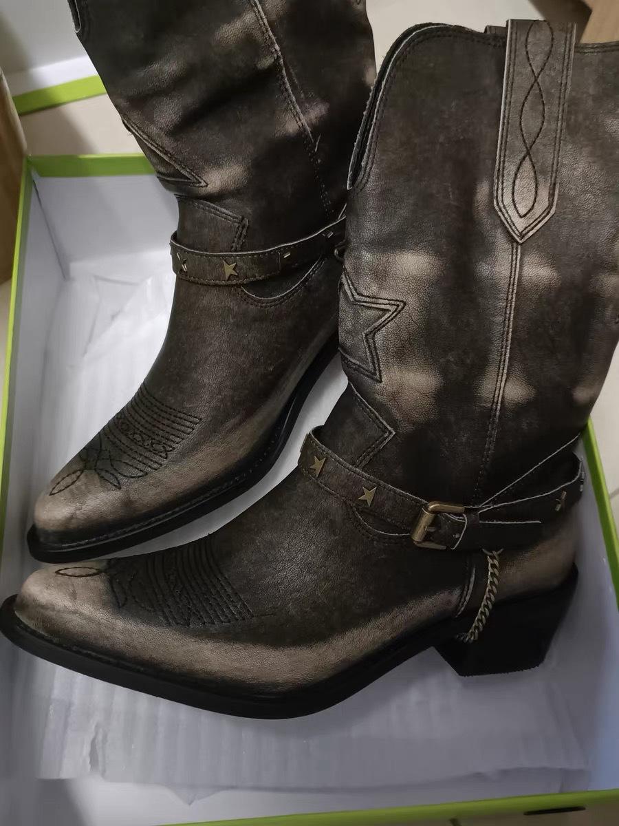 

Leather polished old western cowboy boots women s thick heel pointed V-mouth sleeve belt medium boots Martin boots short boots 40 коричневый