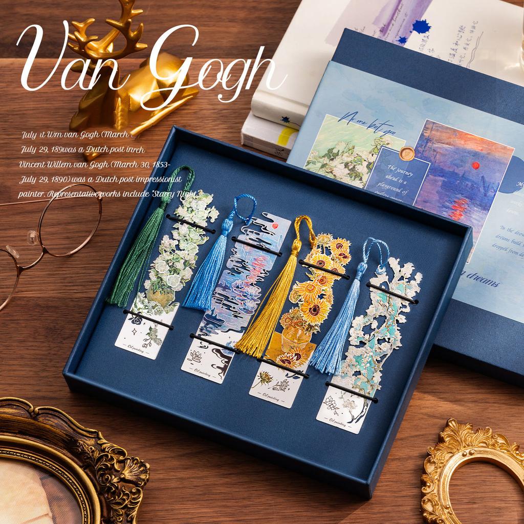 1PC Flower Oil Painting Metal Bookmark Retro Famous Painting Hollow Bookmark With Tassels Student Reading Stationery Gifts