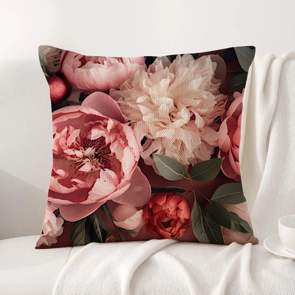 Hot Peony Cushion Cover Natural Linen Organic Fabric DoubleSided Printing Sofa Home Decor Breathable Bed Pillow