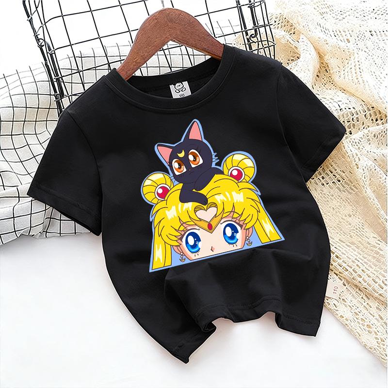 SailorsMoon Anime Girl's T-shirt Cotton Clothes Cute Cartoon Printed Toddler Sweatshirt Casual Short Sleeve Kids Game Trend Tops