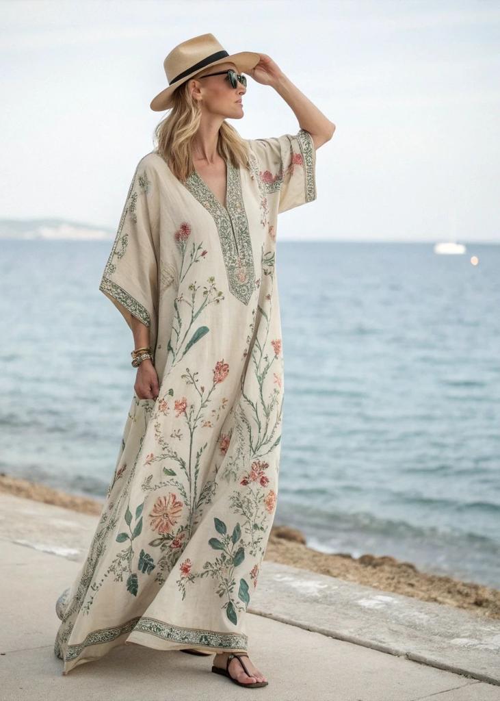 European and American new bohemian women's clothing seaside vacation printing loose kaftan robe dress