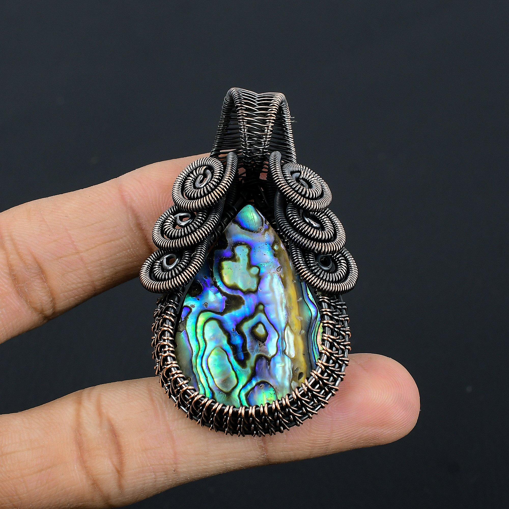 

Кулон из раковины абалона, обернутый медной проволокой 999 пробы, Ювелирные изделия с подвеской из драгоценного камня ручной работы, Подарки для жены, Совершенно новый кулон 2.55 Inches