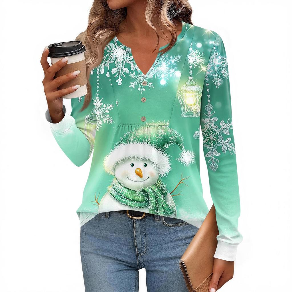 Women's Fashionable Casual V-neck Blouse Button Christmas Printed Long-sleeved Pullover T-shirt Top