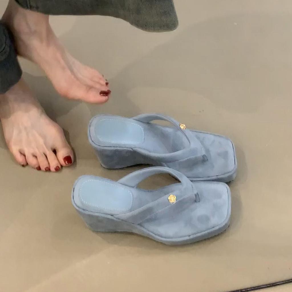 Soft Leather Version~ Thick Bottom Heightening Flip-flops Women Wear Small Fragrant Wind Toe High Heel Cool Slippers Casual Beach Slippers