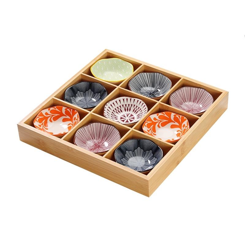 Japanese 6-grid Bamboo Dessert Dish, Colorful Ceramic Plate, Snack Tray, Hot Pot Side Dish, Wooden Grid Plate, Tableware Platter