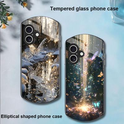 Gradient Butterfly For Apple IPhone 16 11 13 15 14 Pro Max 12 Mini 7 8 Plus XR X XS Elliptical Shaped Tempered Glass Phone Case
