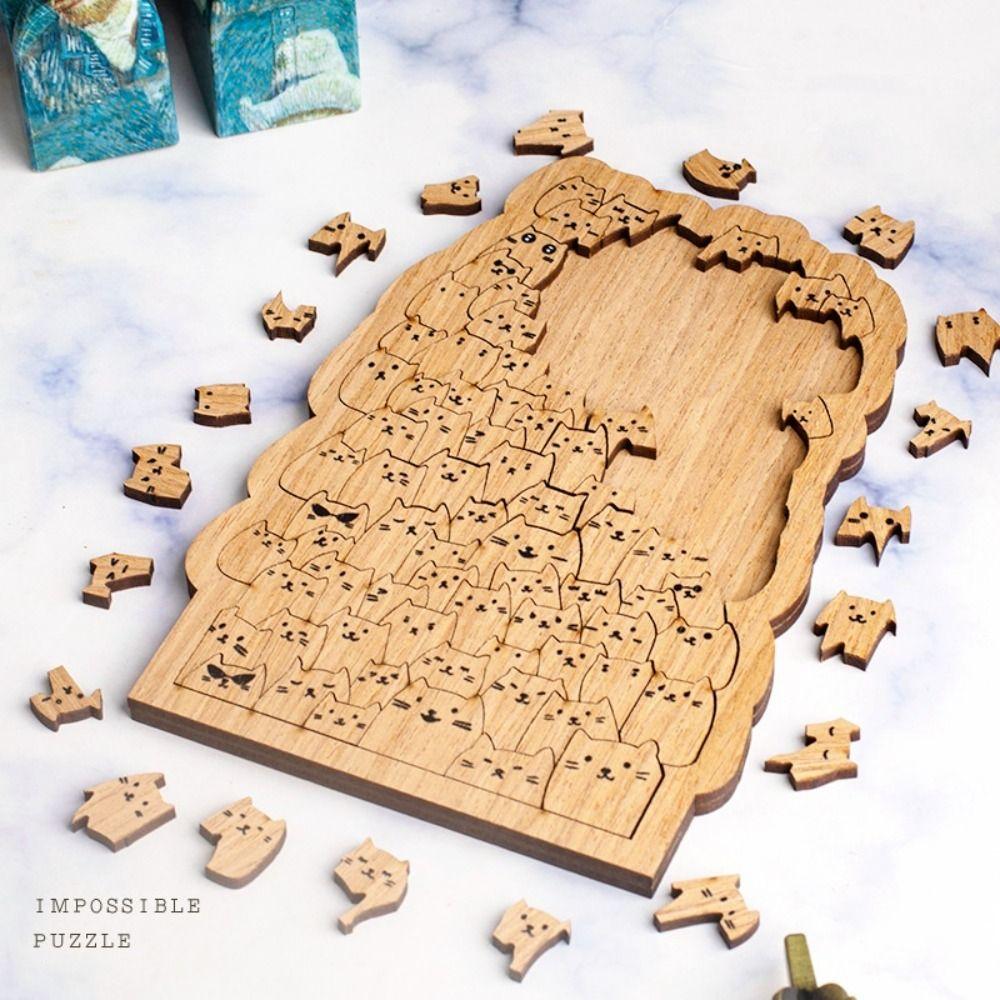 Children Adult Cat Shape Hundred Cat Puzzle Brain Teaser Challenging Wooden Jigsaw DIY Cartoon Animal Puzzle