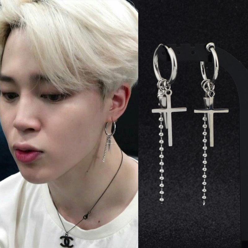 Titanium Steel Cross Cone Chain Earrings - Park Jimin Style, Unisex Harajuku Ear Cuff