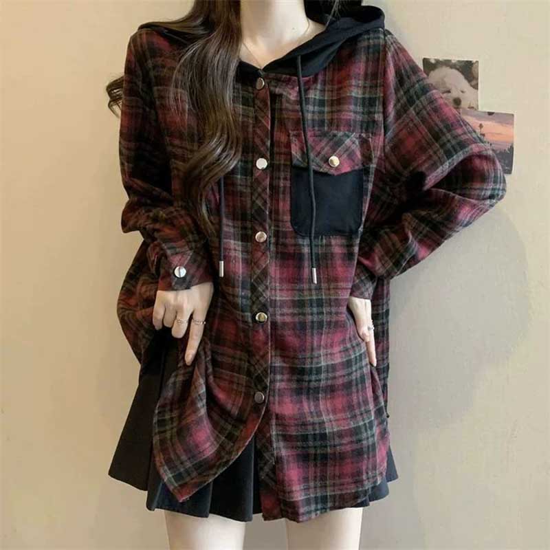 

Рубашка-пальто для женщин Оверсайз с капюшоном Свободная блузка Повседневная с длинным рукавом Мягкая Свободная Клетчатая рубашка Топ XXXL красный
