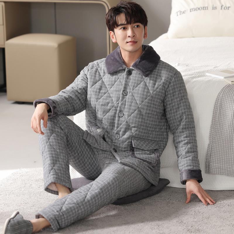 Pajamas Men'S Winter Three-Layer Thickened And Velvet Woven Pure Cotton Padded Autumn And Winter Mid-Dad Warm Loungewear