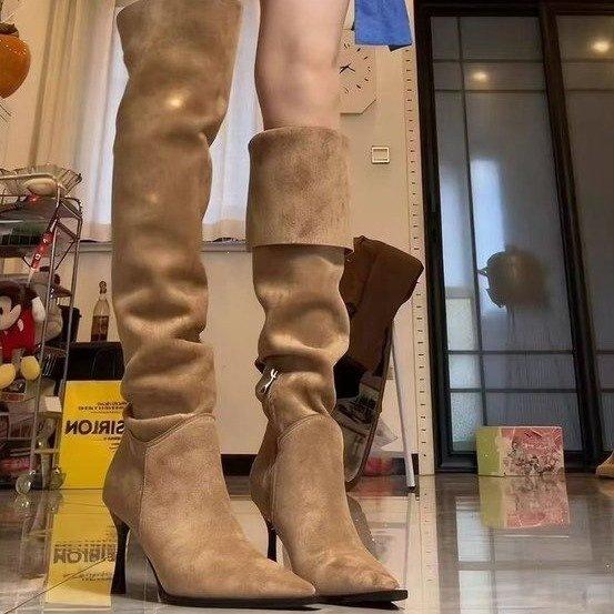 Retro high-heeled boots women's new autumn and winter pointed suede over the knee piled boots slim knight boots