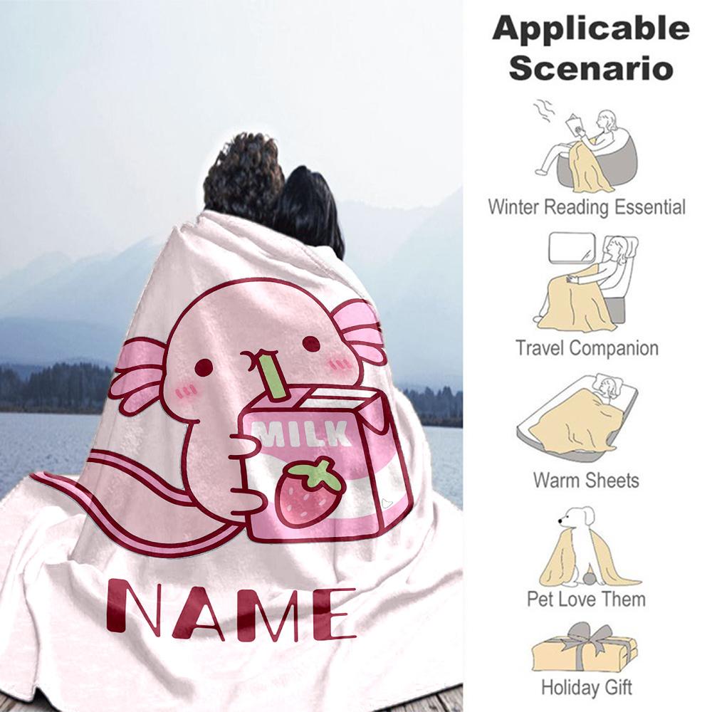Axolotl Strawberry Milk Personalized Text Blanket Throw Personalized Blanket Ultra-Soft Throw For Bed Office Chair Sofa Couch Four Seasons Universal