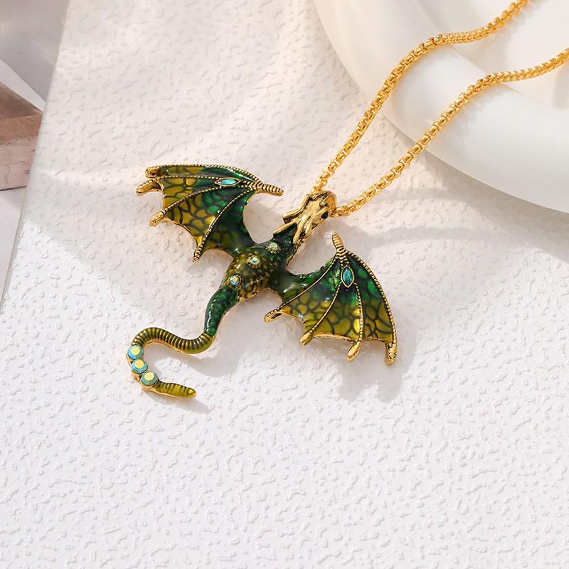 Exaggerated Retro Enamel Cartoon Dragon Pendant Necklace with Rhinestones