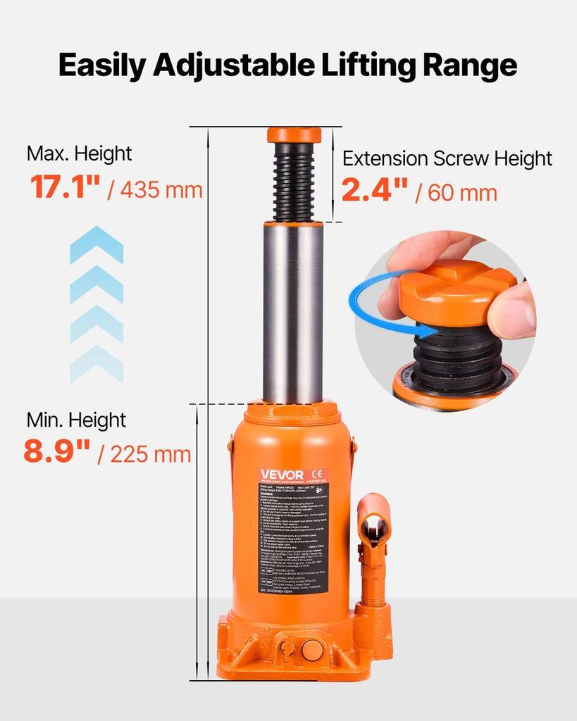 Hydraulic Bottle Jack, 20 Ton (44092 Lbs) Load Capacity, 225-435 Mm Lifting Range, Heavy Duty Welded Bottle Jack for Car, SUV, Pickup, Auto Repair,