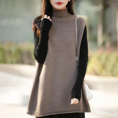 Herbst Winter Neu Damen Lässiger Halbturtleneck Mittellang Gestrickte Weste Lockerer Layering Design-Sinn Pullover Bolero