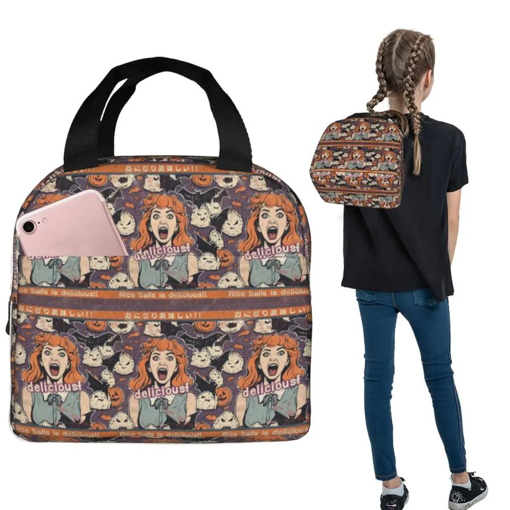 Rice Balls Is Delicious! Halloween Girl Version Insulated Lunch Bag for Women Children Food Boxes Thermal Lunch Box Tote