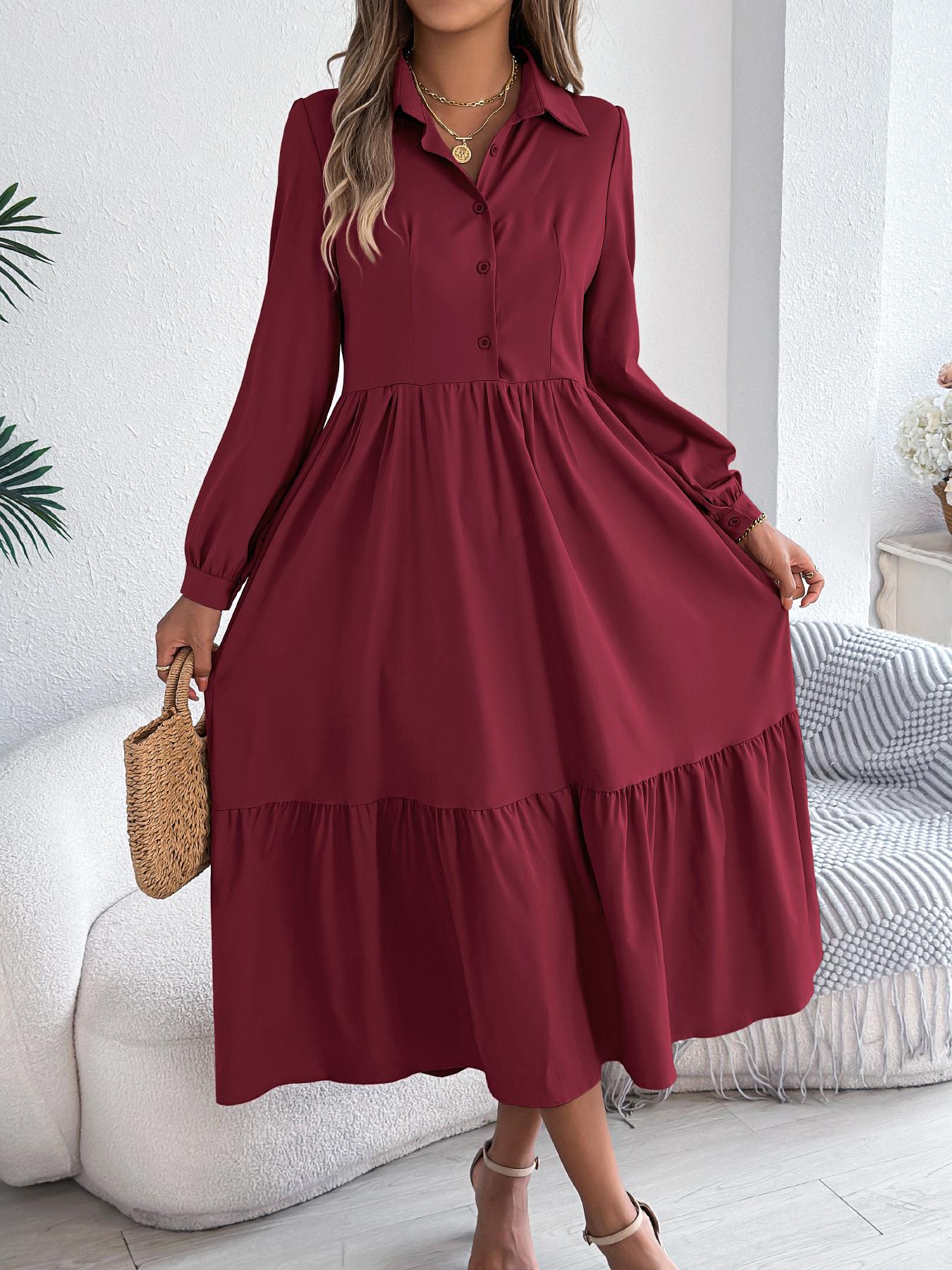 

women s Solid Color Turn Down Collar Button Front Long Sleeve Ruffled Hem Loose Shirt Midi Dress Casual Sundress S бордовый