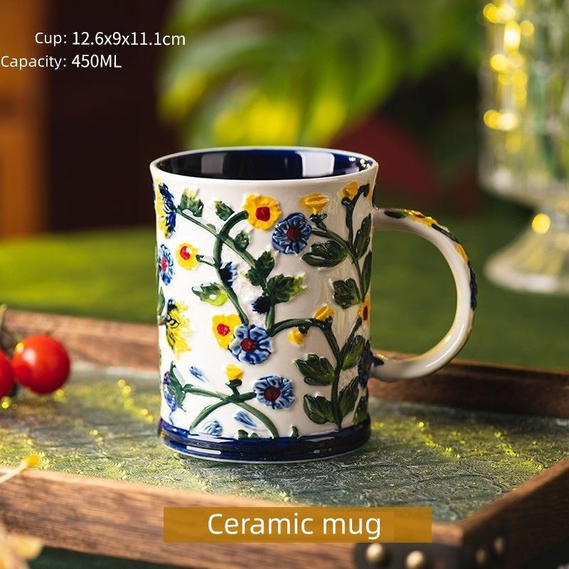 Bohemian Style Raised Floral Mug, Large Capacity Colorful Flower Tea Cup with Handle,3D Embossed Floral Ceramic Mug