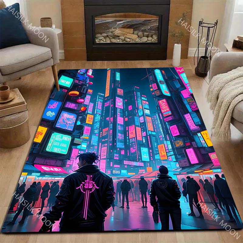 Futuristic Neon-lit City Street Carpet for Living Room Bedroom Sofa Home Decor Rus Non-slip Floor Mat Luxury Gift