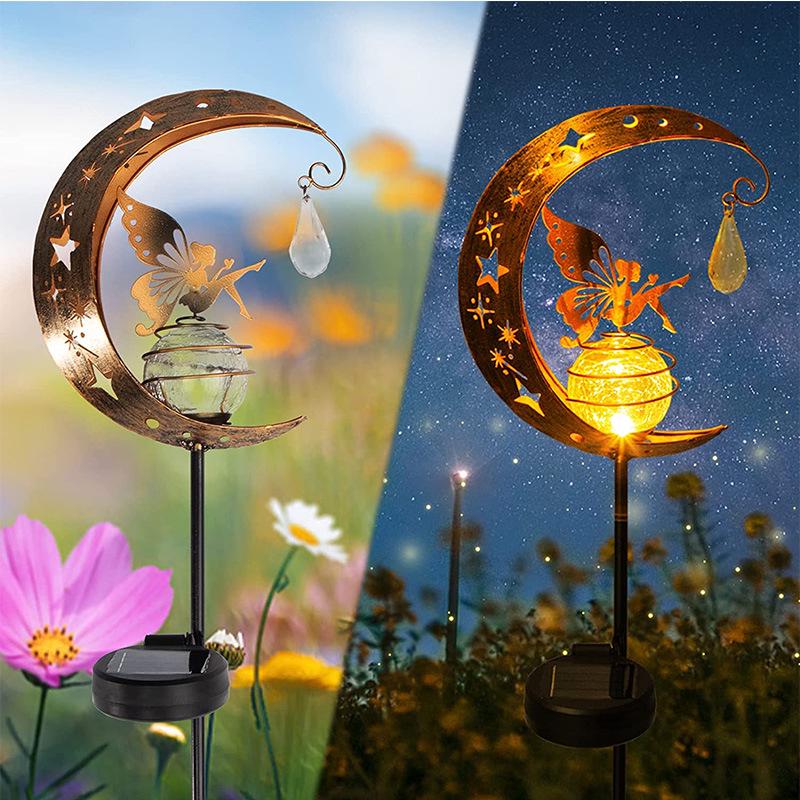Popular Solar Moon Fairy Lights for Outdoor Garden Decoration with Wrought Iron Ground Insert and Angel Design