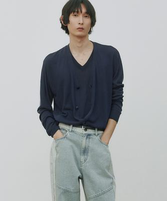Noirer Linen Layered Pullover Cardigan Knit (Navy)