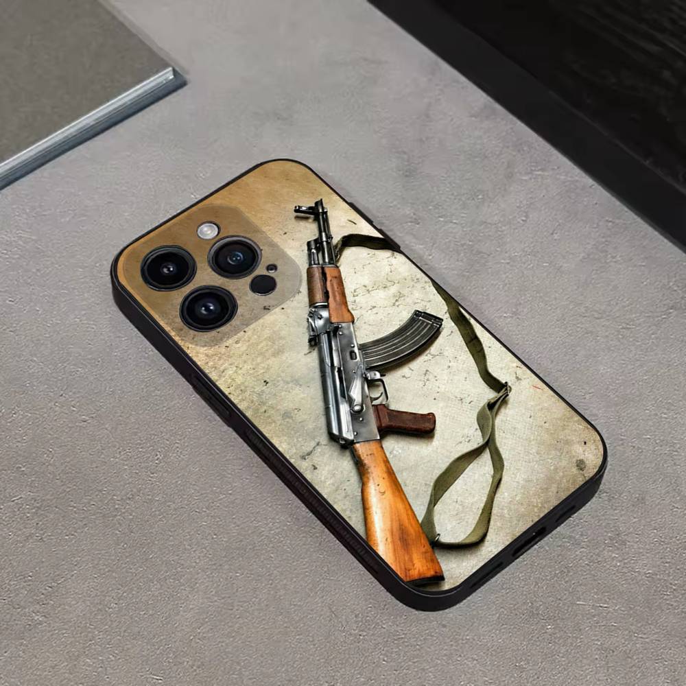 AK47 Handgun Gun BUllets Phone Case For iPhone 16,15,14,13,12,11 Plus,Pro Max,XS,X,XR,SE,Mini,8,7,Soft Silicone Black Cover