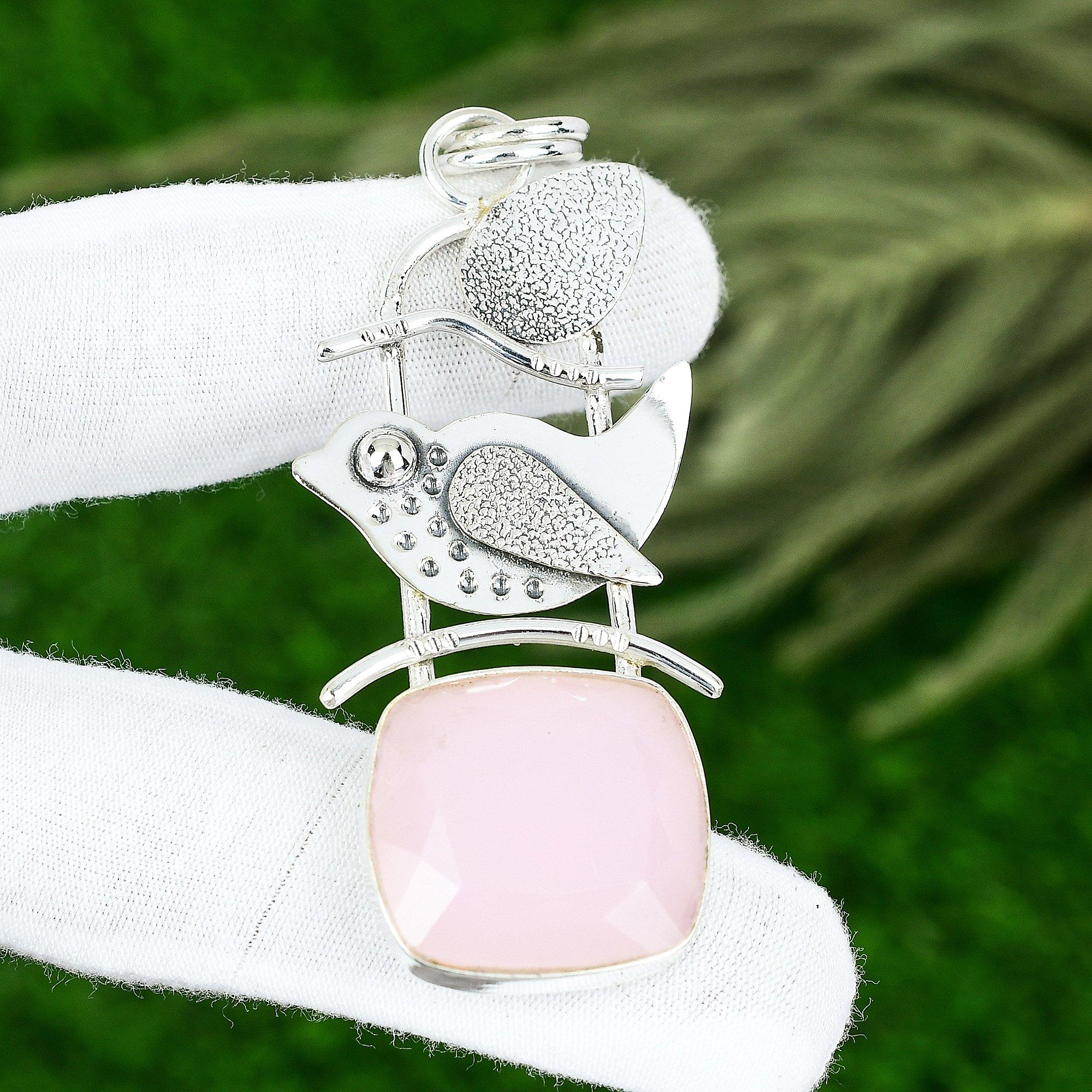 Natural Pink Chalcedony Gemstone Pendant 925 Sterling Silver Indian Jewelry