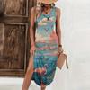Women Sleeveless Maxi Dress Casual Loose Fit Summer Hawaiian Print Long Dress Side Slit Beachwear Sundress