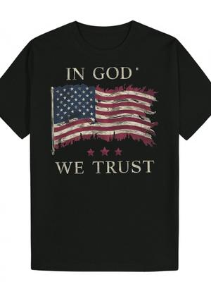Patriotic "IN GOD WE TRUST" American Flag Graphic T-shirt - 100% Polyester Casual Round Neck Summer Tee