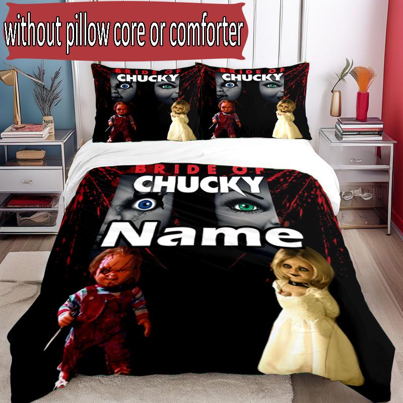 3-teiliges Bettbezug-Set (1 * Bettbezug + 2 * Kissenbezug, ohne Kern), Maßgeschneidertes Bettwäsche-Set mit Braut von Chucky-Muster, Dekoration für Schlafzimmer zu Hause, Geschenk