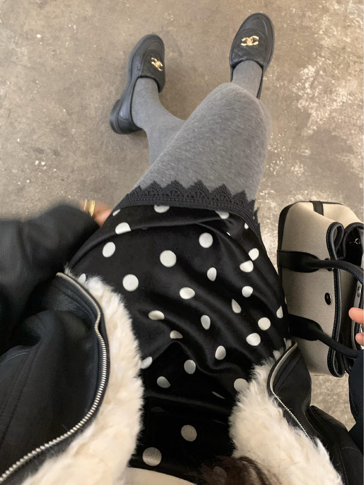 Velvet Fleece Polka Dot Lace Skirt, Korean Style Winter Collection, Mid-Length M