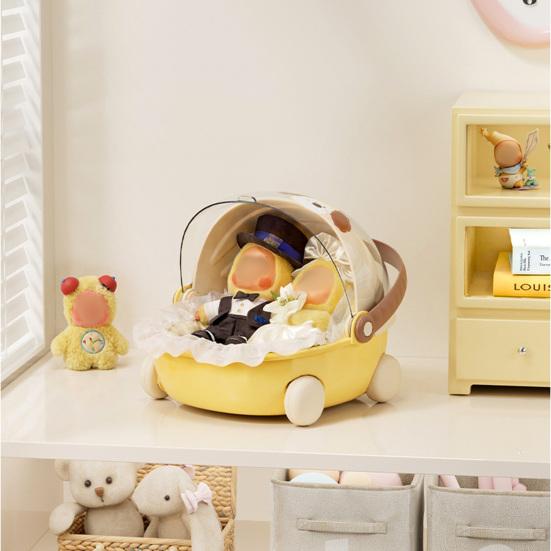 Storage Box Cartoon Trolley Shape Display Case with Handle And Rotating Dust-Proof Cover Organizer for Dolls Jewelry Stationery